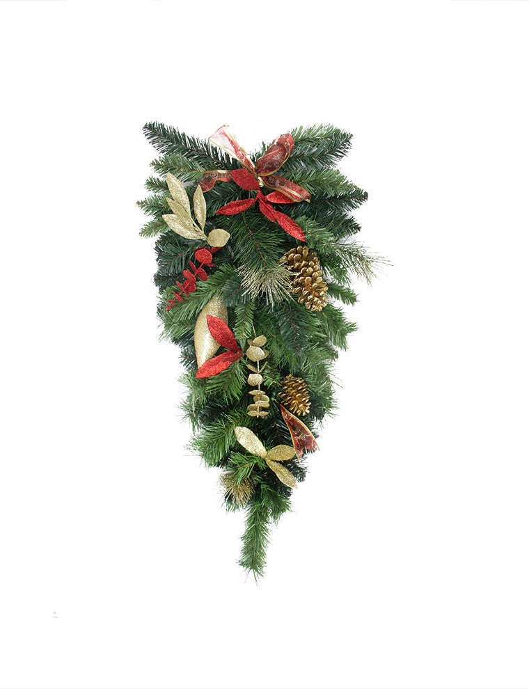 Pre-Decorated Gold Pine Cone Eucalyptus, Red Bow Artificial Teardrop Swag, 30"