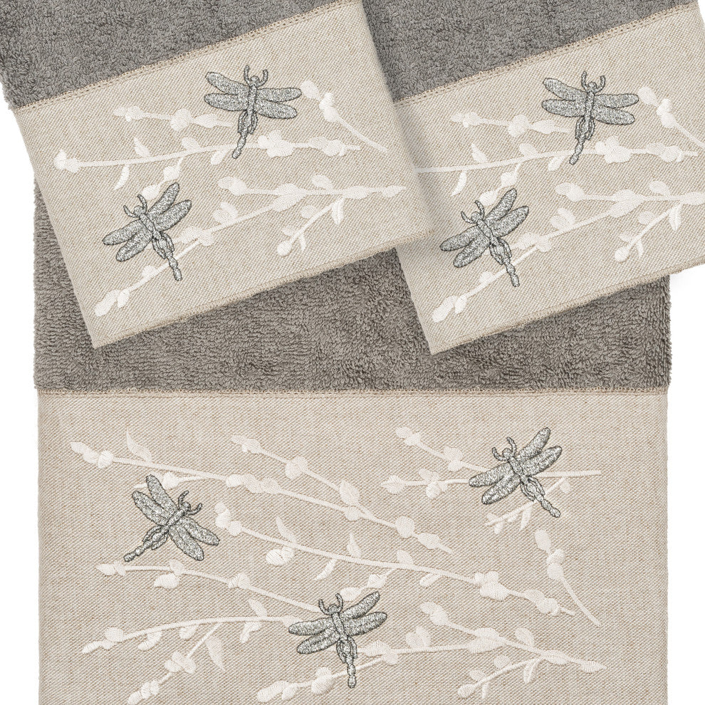 Linum Home Turkish Cotton Braelyn 3-Piece Embellished Towel Set, Dark Gray