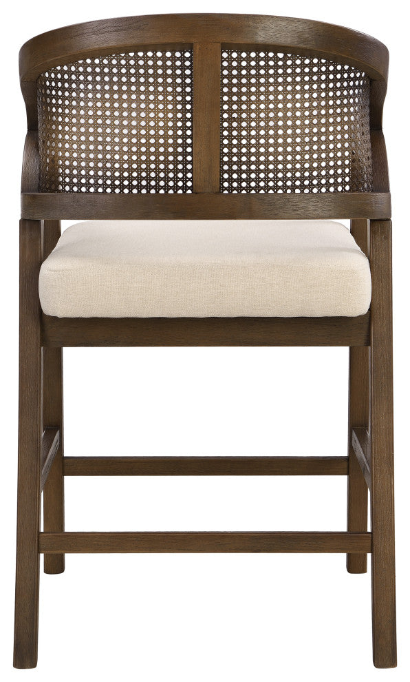 GDF Studio Rattan Back 24.25" Counter Stools, Wooden Frame, Walnut + Beige, Set of 2