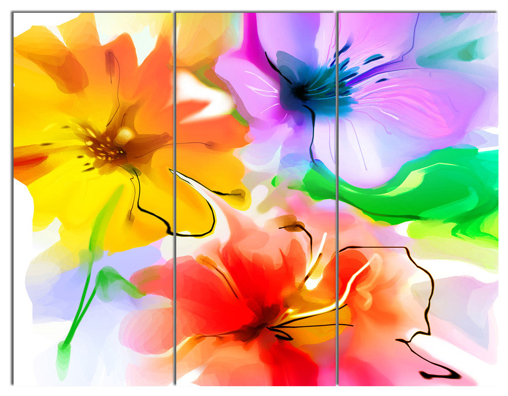Bunch of Colorful Flowers Sketch, Extra Large Floral Wall Art, 36x28, 3 Panels