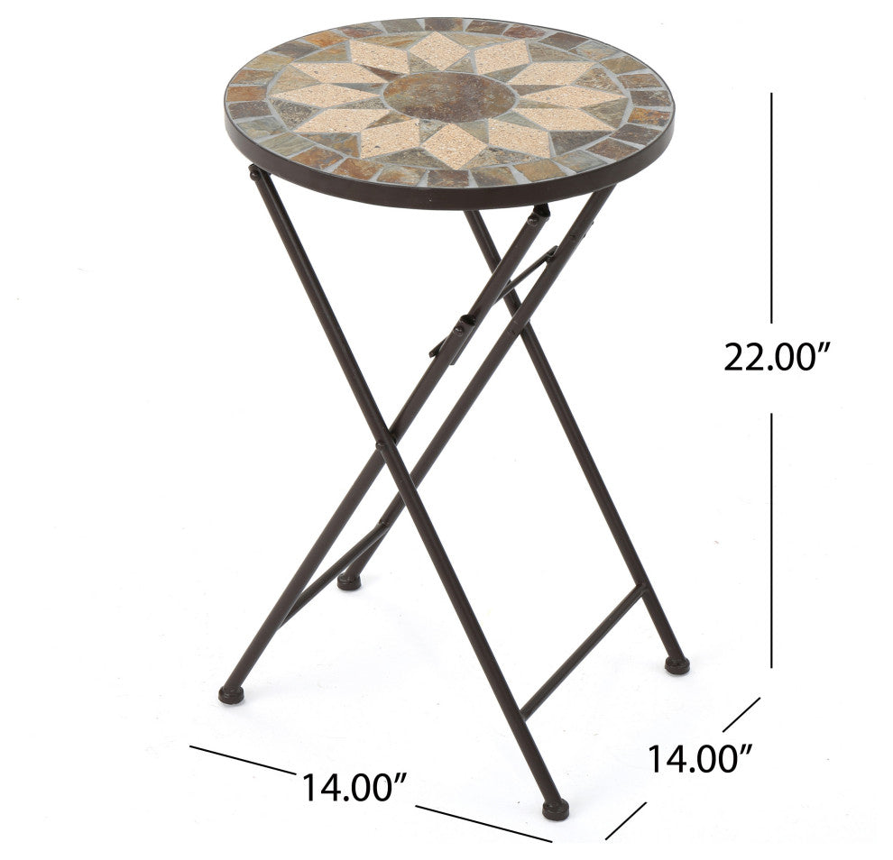 GDF Studio Sandor Outdoor Beige and Black Stone Side Table With Iron Frame