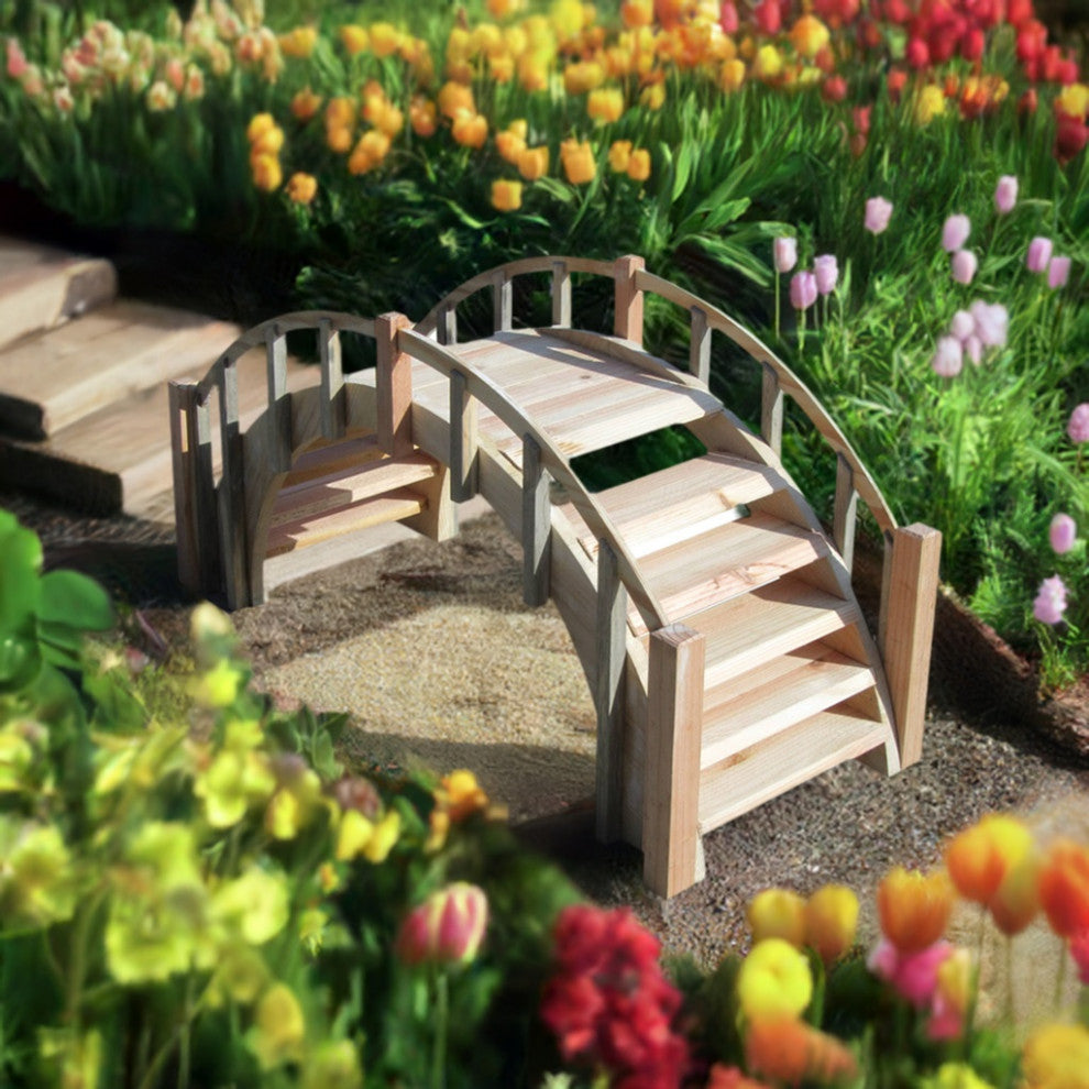 SamsGazebos Fairy Tale Wood Garden Bridge With Picket Railings, Unfinished