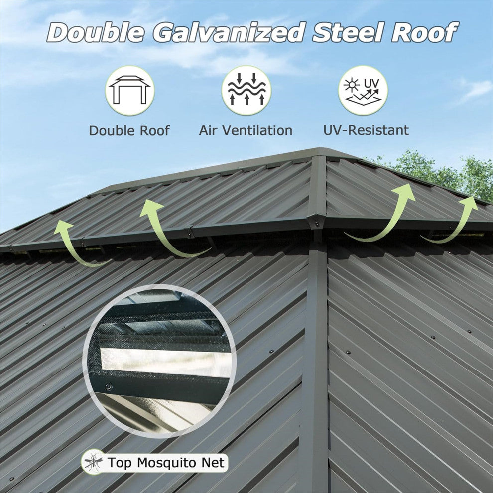 Hardtop Gazebo, Aluminum Metal Gazebo with Galvanized Steel Double Roof, Gray