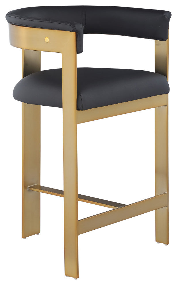 Romeo Upholstered Counter Stool, Set of 2, Black, Vegan Leather, Brushed Gold