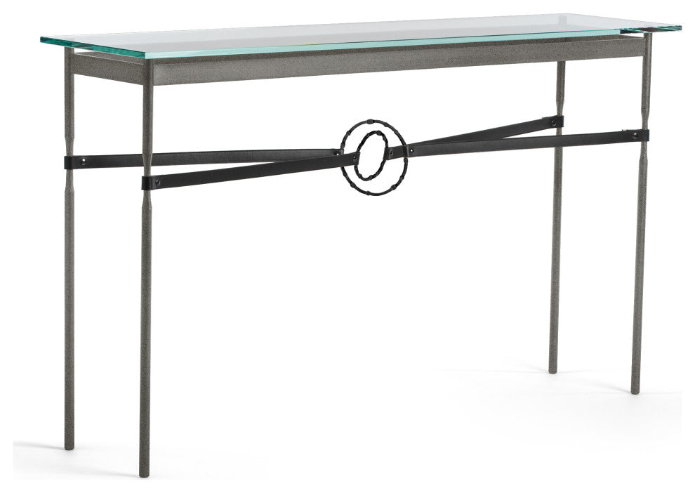 Equus Console Table, Natural Iron Finish - Black Accents - Black Leather Strap