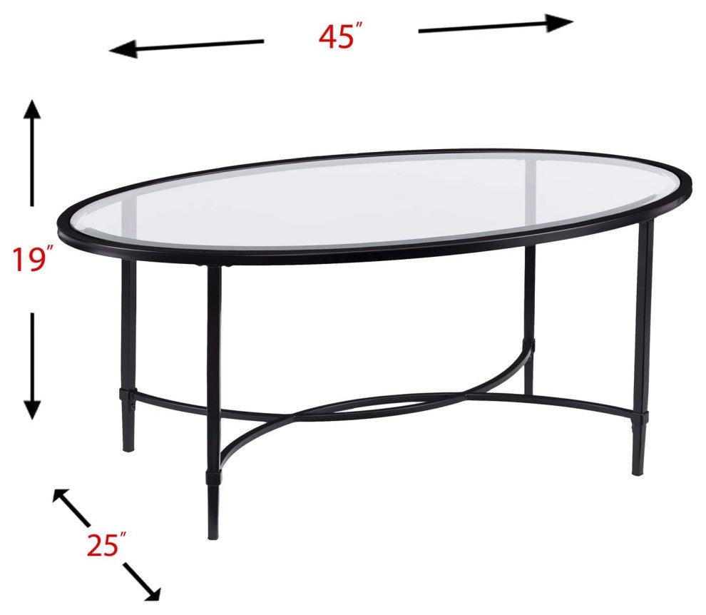 Transitional Coffee Table, Scrollworked Metal Base With Beveled Glass Top, Black