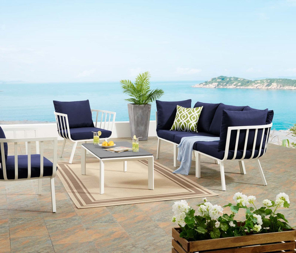 Lounge Sectional Sofa Chair Set, Aluminum, Metal, White Blue Navy, Outdoor