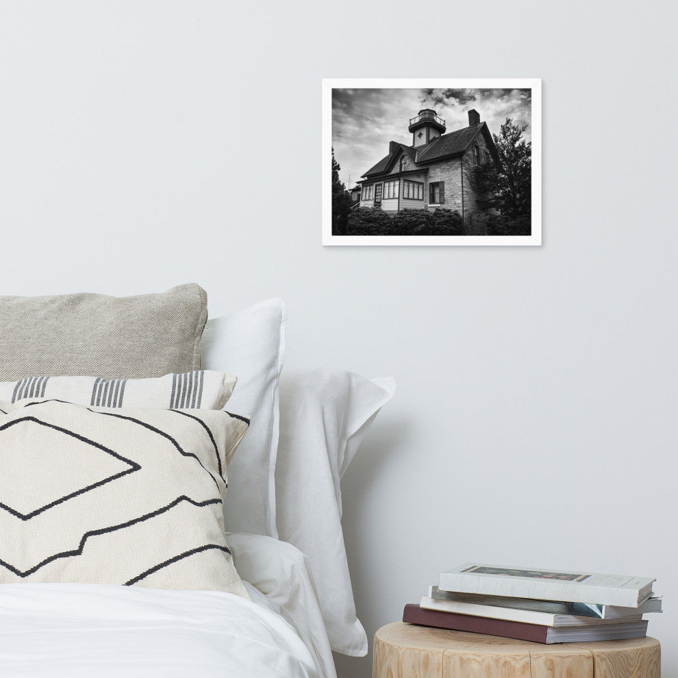 Cedar Point Lighthouse in Black and White Framed Photo Paper Wall Art Prints, White, 12" X 16"