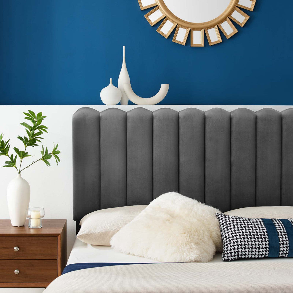 Headboard, Full Queen Size, Velvet, Dark Gray, Modern Contemporary, Bedroom