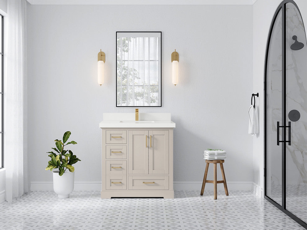 Boston 36" Center Sink Bath Vanity in Fine Grain 2" White Quartz