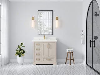 Boston 36" Center Sink Bath Vanity in Fine Grain 2" White Quartz