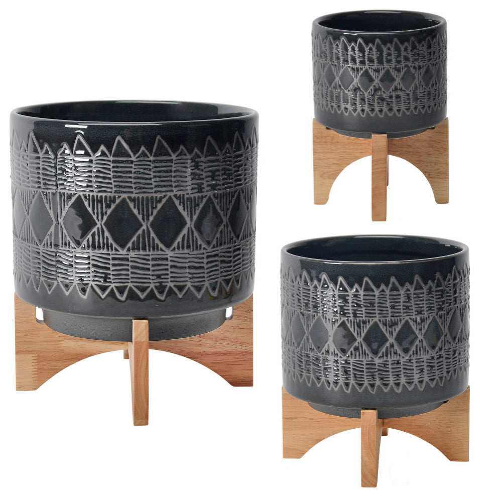 Ceramic 8" Aztec Planter On Wooden Stand, Black
