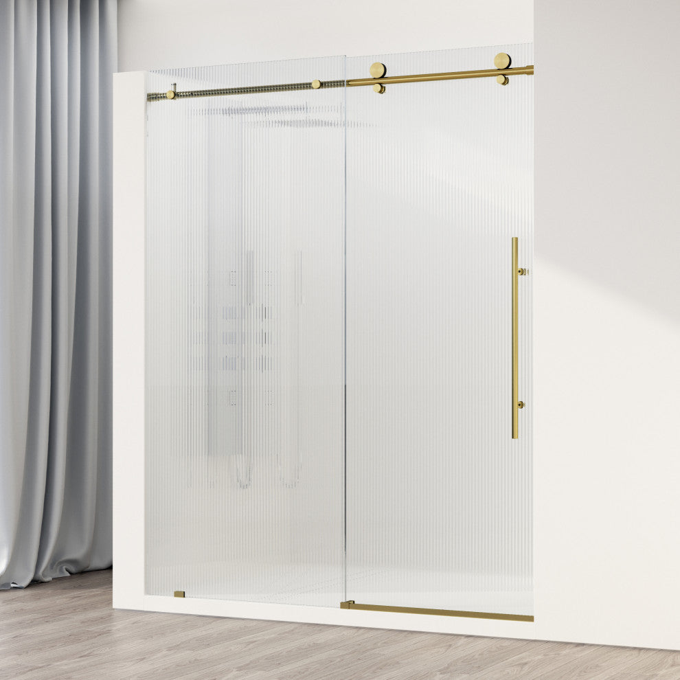 VIGO Elan E-Class 56" to 60" W x 76" H Frameless Sliding Shower Door, Matte Brushed Gold, Fluted Glass, Right