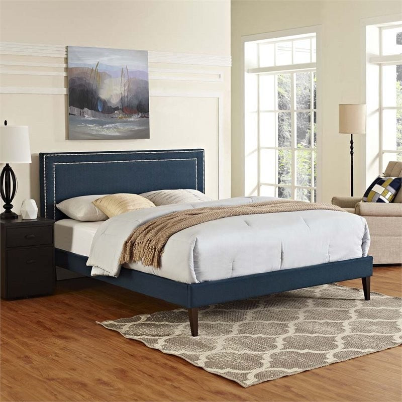 Jessamine Queen Fabric Platform Bed With Squared Tapered Legs, Azure