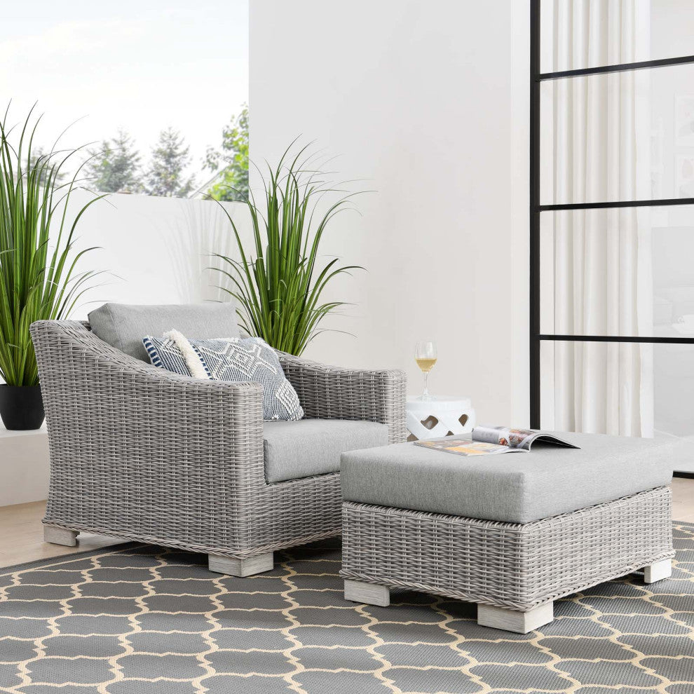 Side Chair Armchair and Ottoman, Rattan, Wicker, Gray, Modern, Outdoor