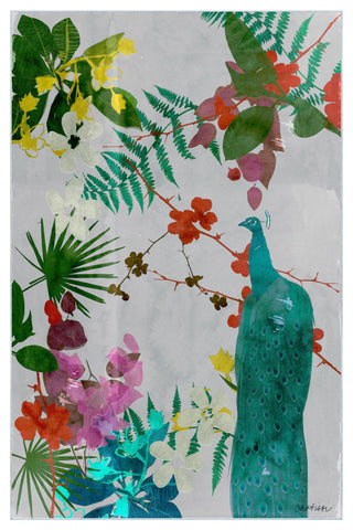 Blue Tropical Peacock II Art Area Rug, 5'x7.5'