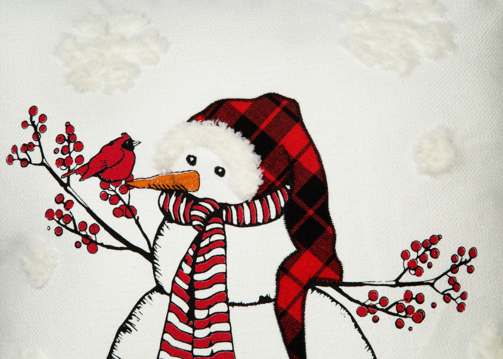 Snowman Christmas Pillow With Softy Tufted Snow Embroidered, 18"x18"