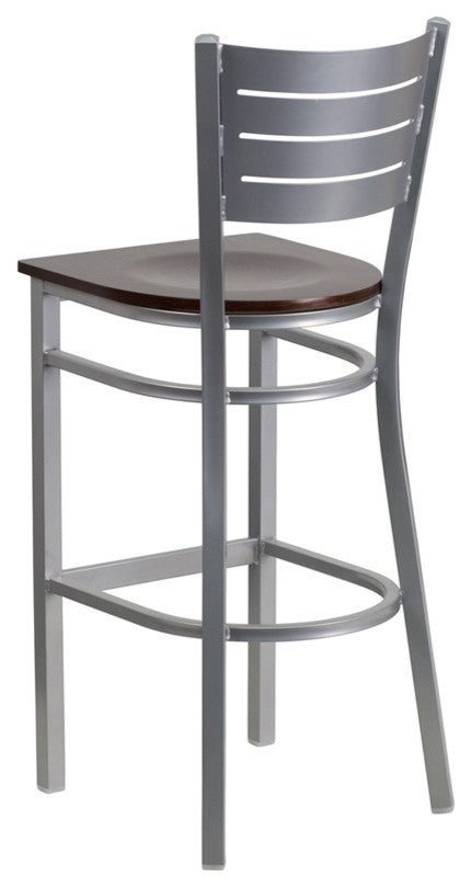 Silver Slat Back Metal Barstool, Walnut Wood Seat