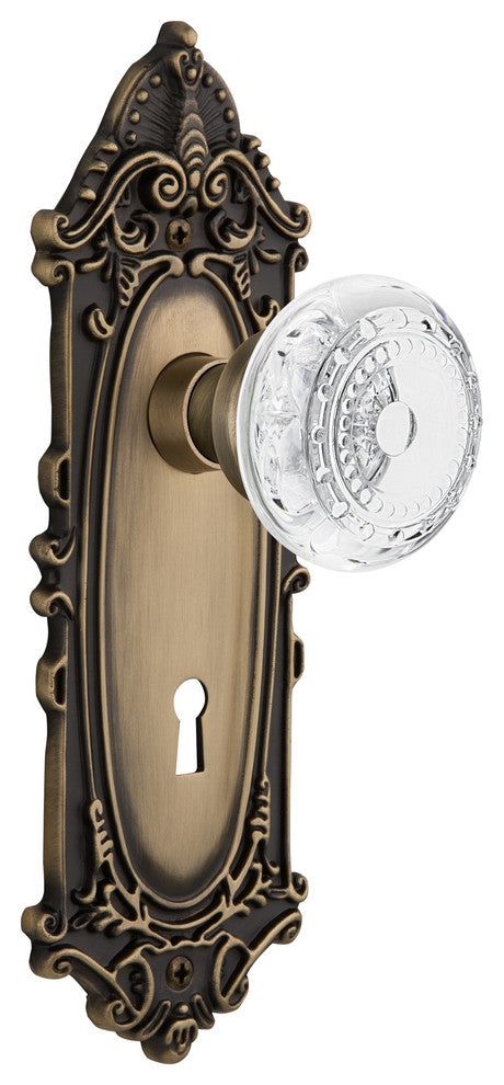 Victorian Plate Passage With Keyhole Crystal Meadows Knob, Antique Brass, 2.75"