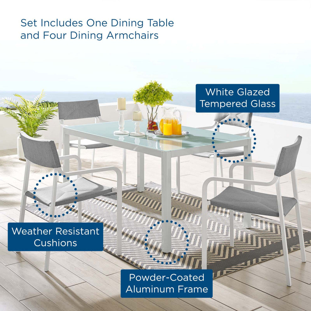 Side Dining Chair and Table Set, Aluminum, Metal, White Gray, Outdoor
