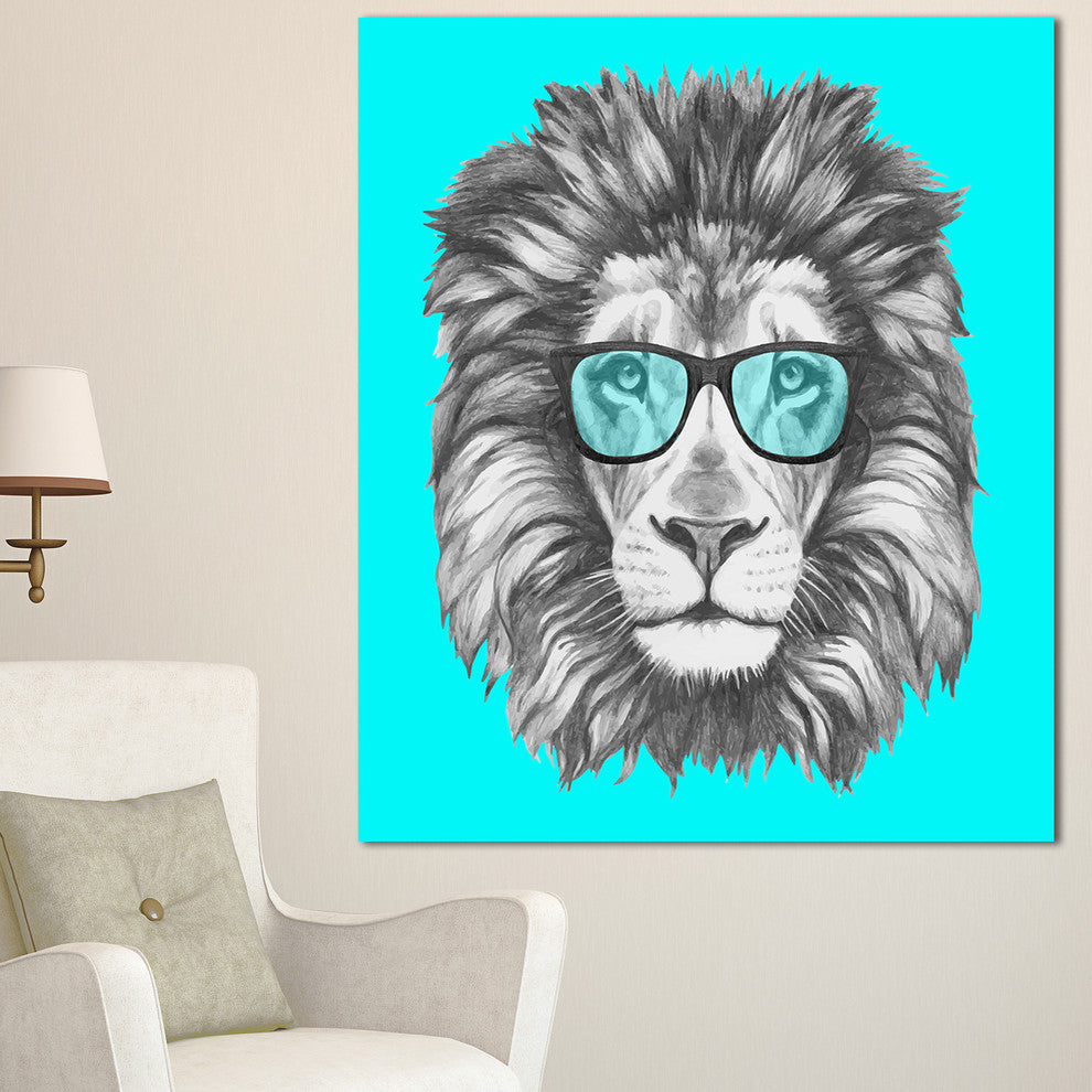Funny Lion with Blue Glasses, Animal Canvas Art Print, 30"x40"
