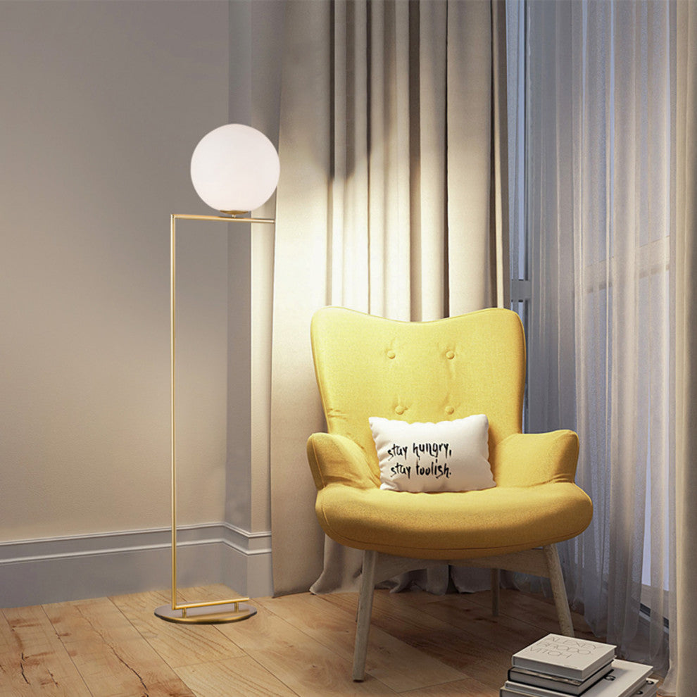 Milk White Glass Globe Floor Lamp, Brass
