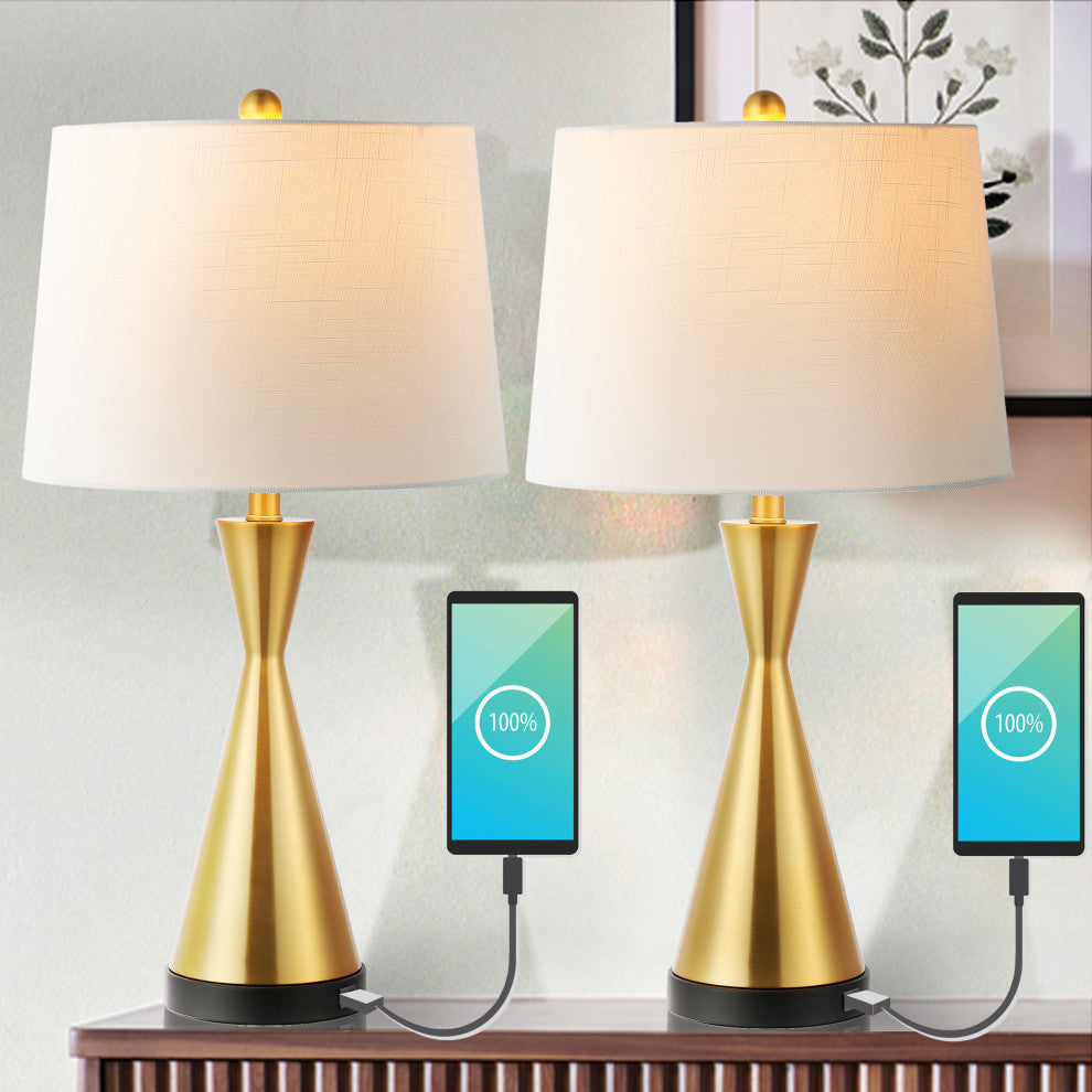 Colton 26" French Country Iron Table Lamp, USB Charging, Set of 2, Gold