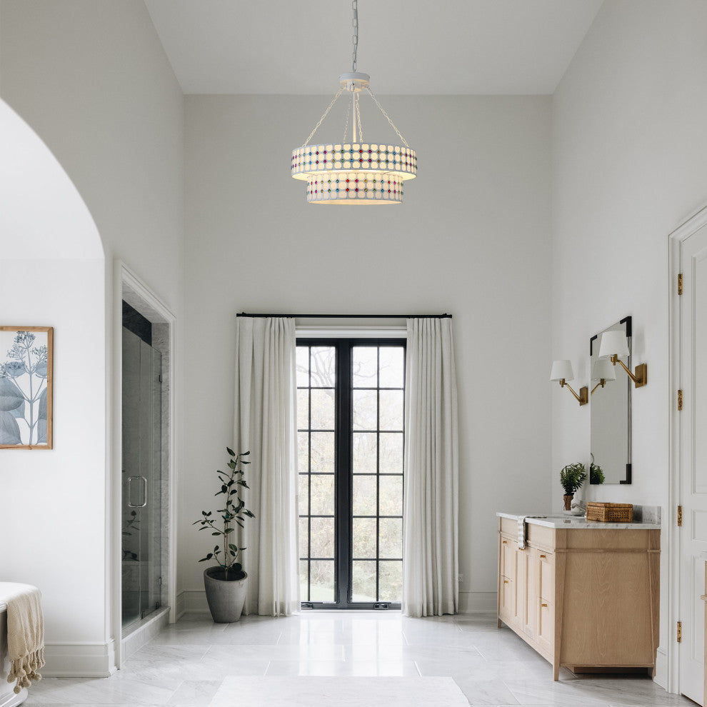 Modern Two-Tier Drum-Shaped Light Fixture, 6 Lights , Brushed Nickel