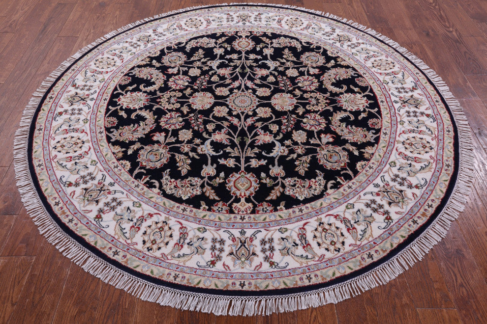7' Round Persian Nain Wool & Silk Handmade Rug - Q14719