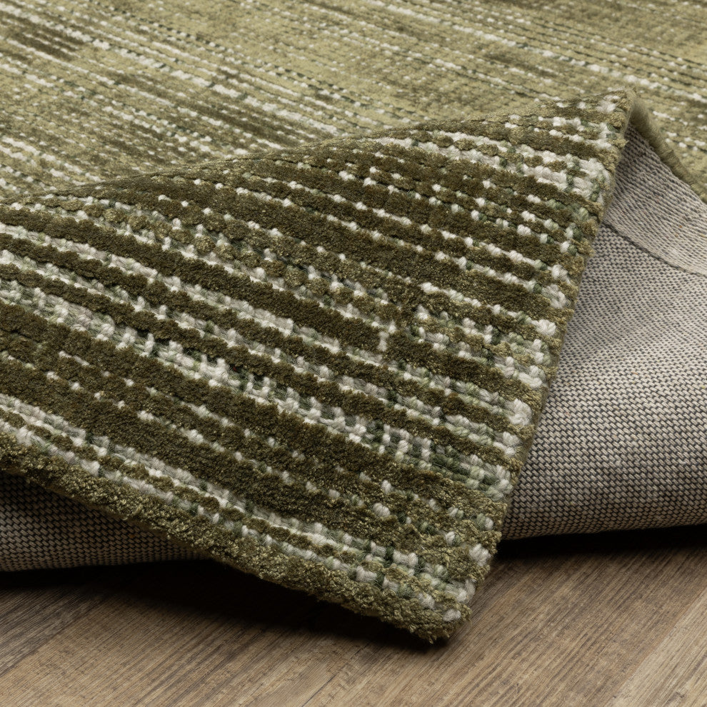 Cayden Textural Stripe Wool Blend Green/ Ivory Hand-tufted Rug Runner