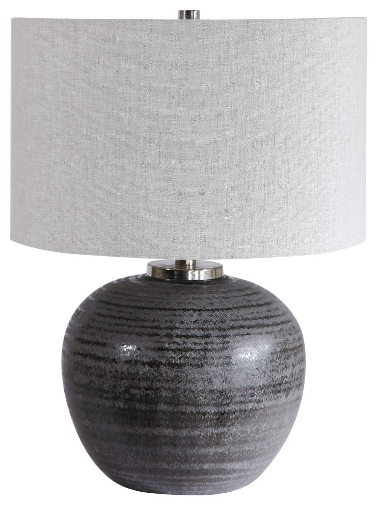 Rustic Round Charcoal Brown Table Lamp, Ceramic Sphere Vintage Style Cottage