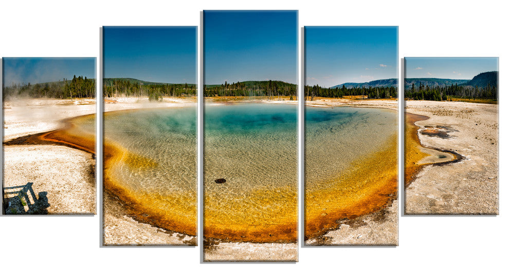 "Yellowstone Heat Pool Panorama" Landscape Print Wall Artwork, 5 Panels, 60"x32"