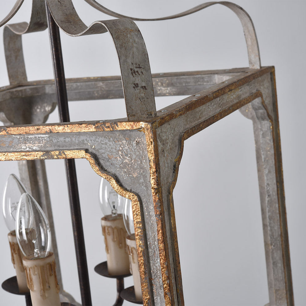 4-Light Lantern Chandelier Square Candelabra Pendant Light, Antique Gray