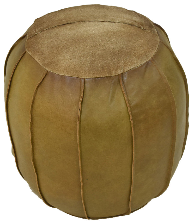 Handmade Leather Round Pouf (Recycled Foam with Fiber Fill) Cognac Color, 21x21x12