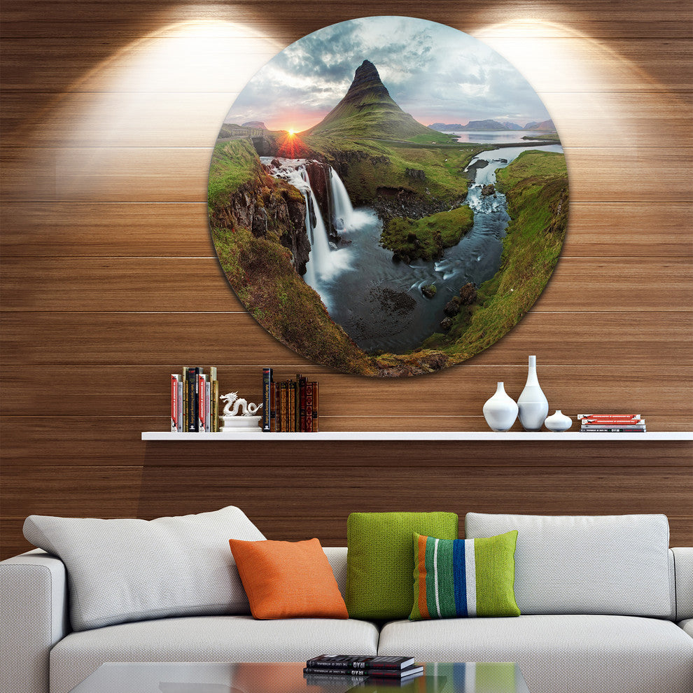 Iceland Landscape Spring, Panorama Disc Metal Artwork, 23"