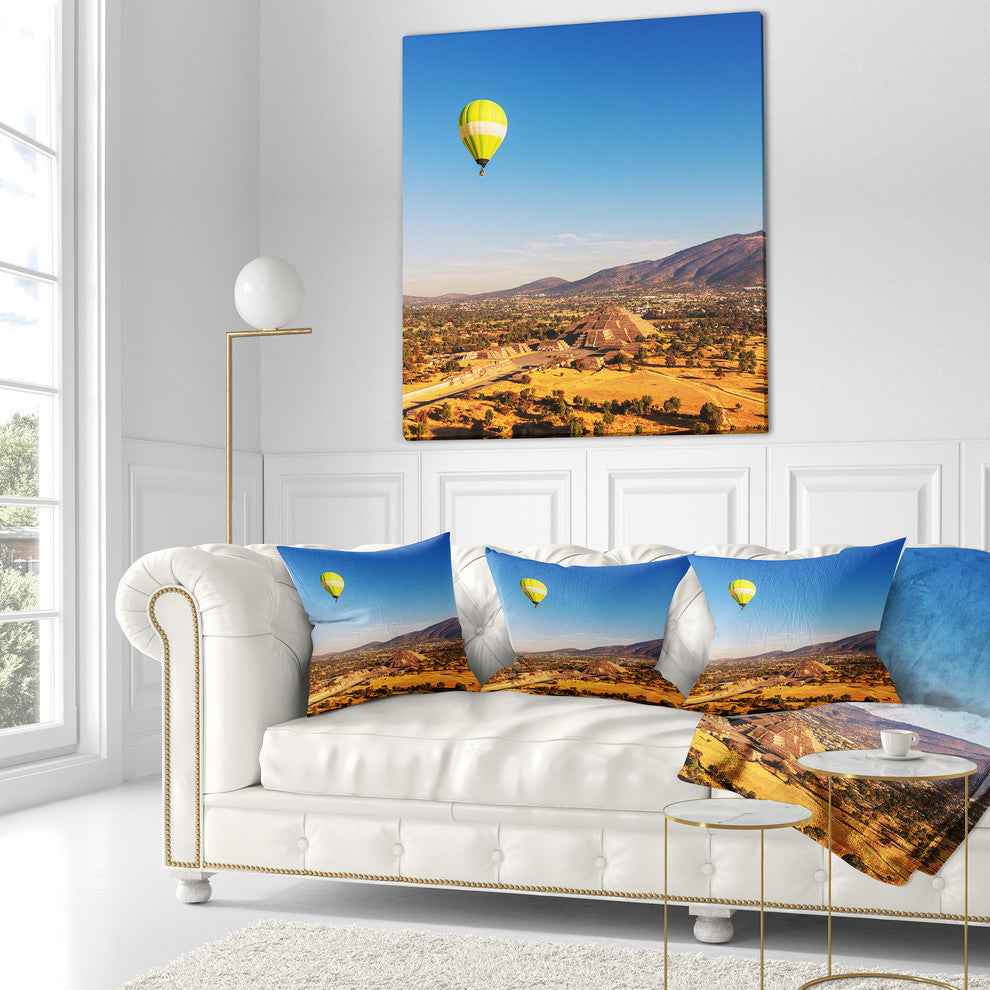 Large Yellow Balloon Over Mountains Landscape Printed Throw Pillow, 18"x18"