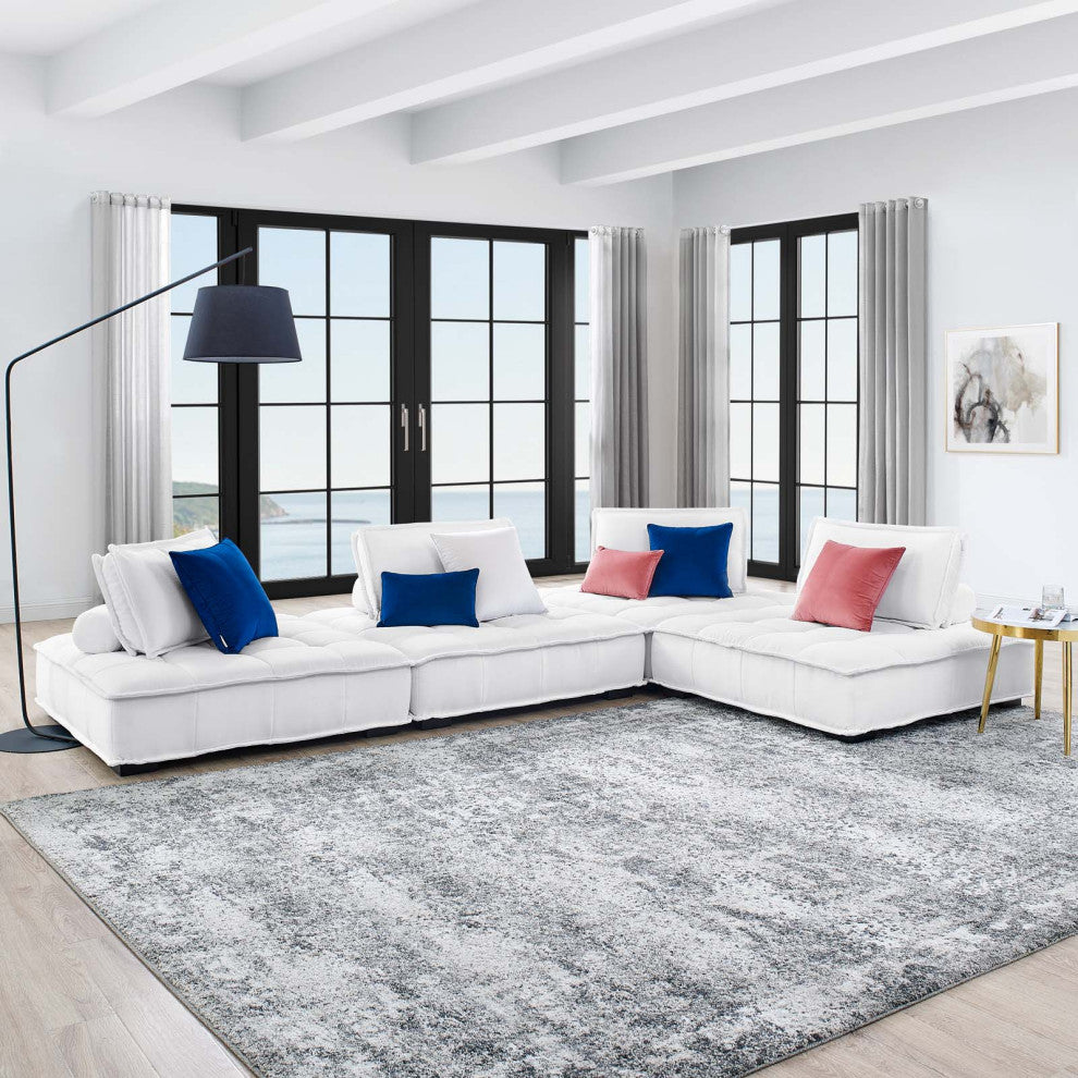 Modular Deep Tufted Sectional Sofa Set, White, Fabric, Modern, Cafe Hospitality