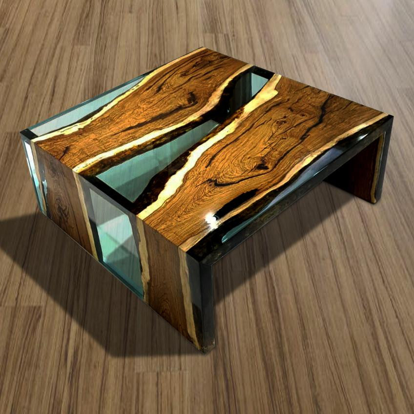 Smoked Aqua Green Waterfall Coffee Table, 27.6"