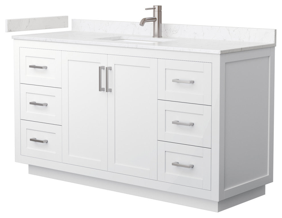 60"SGL Vanity White, Light-Vein Carrara Cult. Marble Top, Sink, Nickel Trim