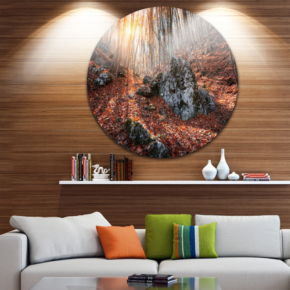 Rocky Red Autumn Forest, Landscape Photography Disc Metal Artwork, 11"