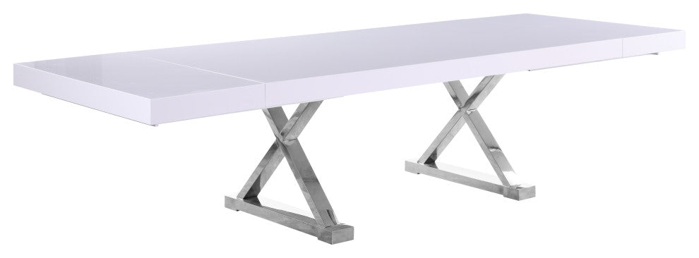 Excel Extendable 2 Leaf Dining Table, Durable Stainless Steel Base, White Lacque