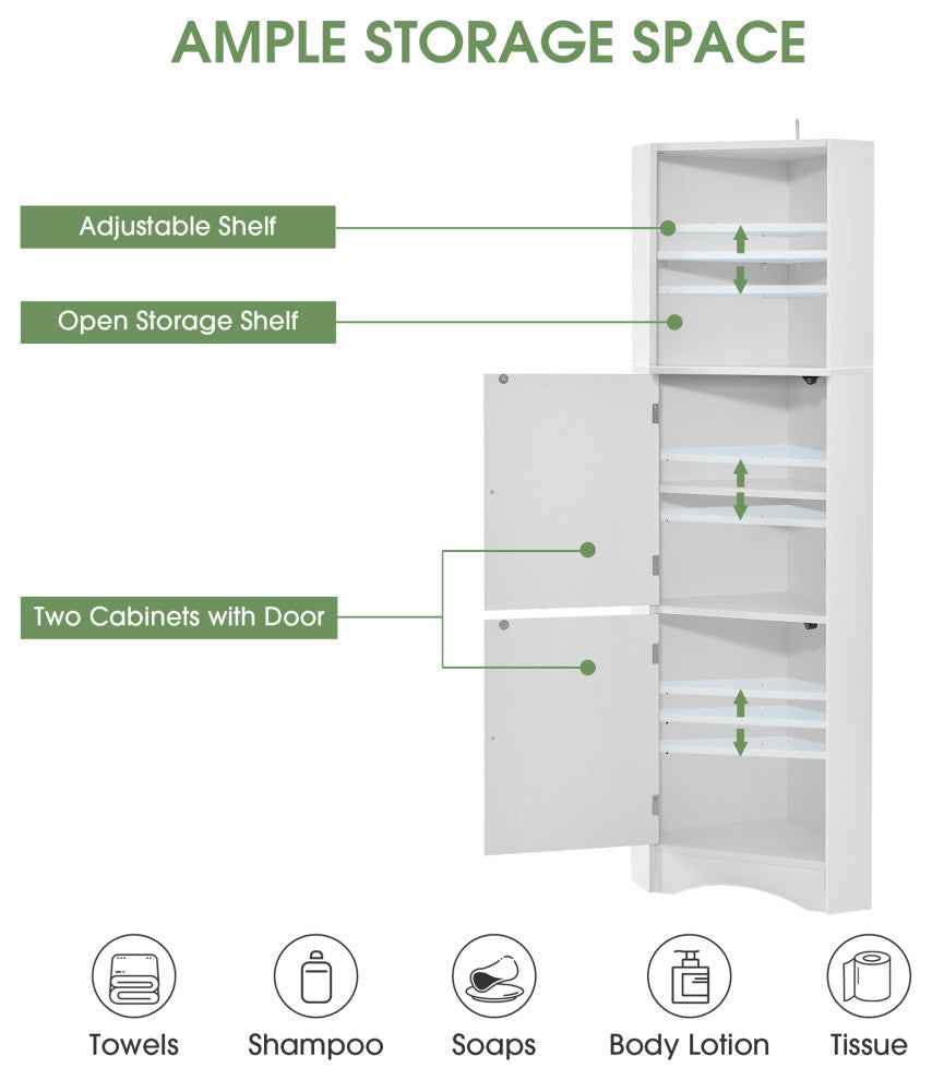 TATEUS Tall Bathroom Corner Cabinet, Freestanding Storage Cabinet With Doors, White