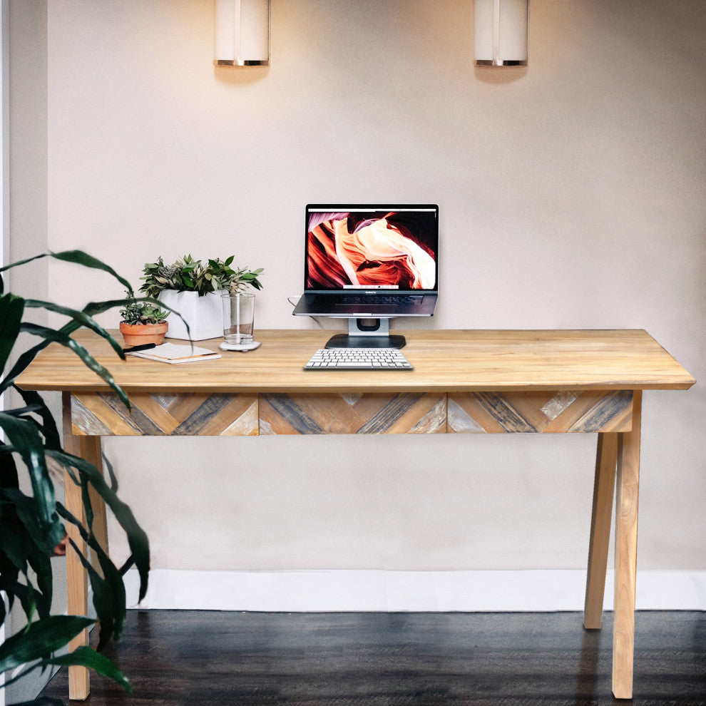 Recycled Teak Wood Brux Art Deco Writing Desk with 3 Drawers