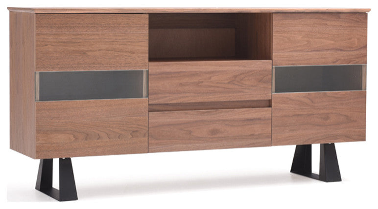 HomeRoots 32" Walnut Veneer Metal and Glass Buffet