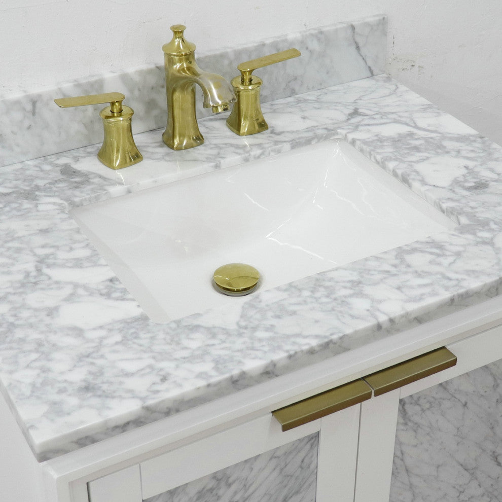 31" Single Sink Vanity, White Finish With White Carrara Marble