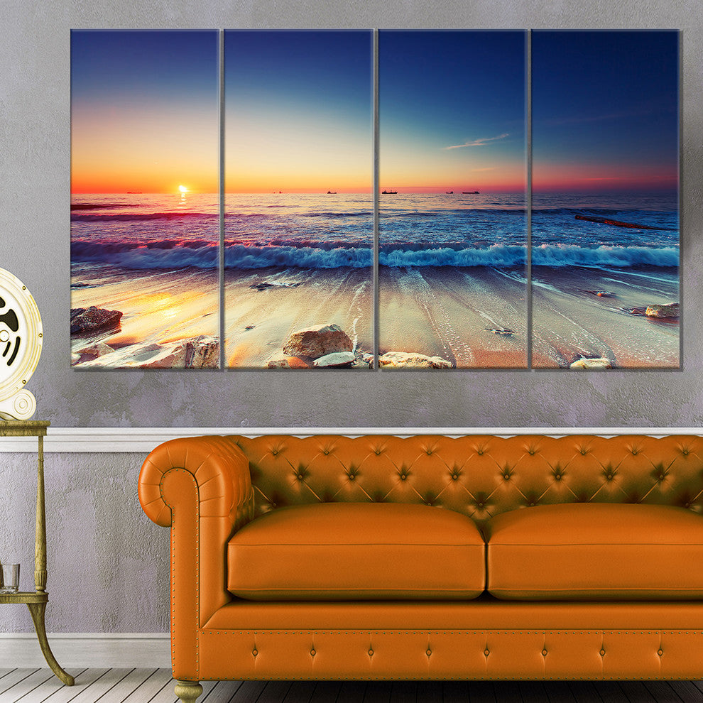 Beautiful Sunrise over Blue Sea, Seashore Canvas Art Print, 48"x28", 4 Panels