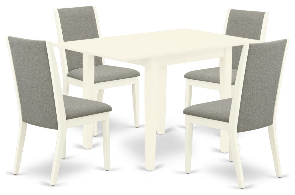 5Pc Kitchen Set 4 Chairs, Drops Leaf Table Solid Wood Structure, Linen White