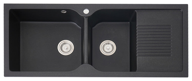45" Black Quartz Kitchen Sink Double Bowl Drop-In Sink with Drain Board