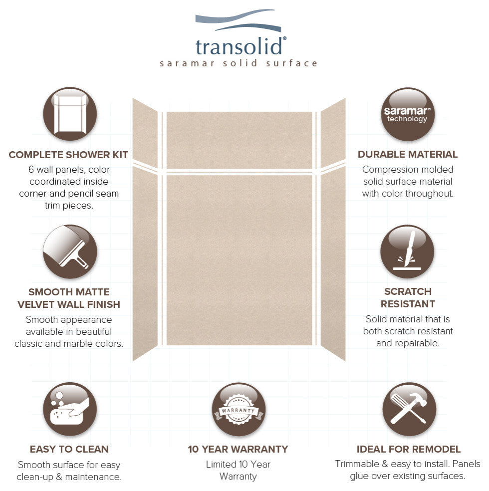 Transolid SaraMar 60"x36"x96" 6-Piece Shower Wall Kit, Cashew Velvet