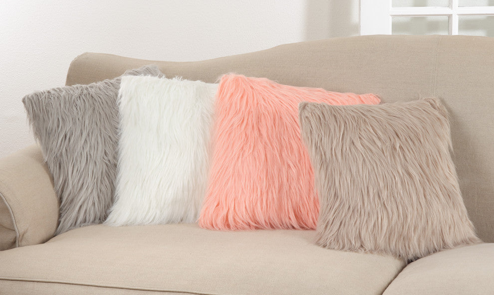 Faux Fur Long Hair Throw Pillow, Ivory, 18", Poly Filled